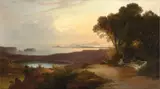 Wilhelm Schirmer, Der Lago d’Agnano mit der Aussicht nach Ischia, 1839, Öl auf Leinwand. Doubliert