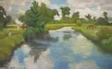 Otto Modersohn, Sommertag an der Wümme“. 1912 / Rückseitig: „Brücke über einen Wümmestreek, Öl auf Leinwand, beidseitig