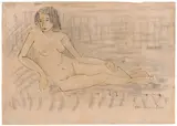 Otto Mueller, Liegender Akt (auf dem Kanapee, den rechten Ellbogen aufgestützt, die linke Hand auf dem Knie), Um 1921, Feder in Braun, schwarze und farbige Kreide auf rosafarbenem Papier