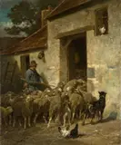 Charles Jacque, An der Stalltür, Um 1876, Öl auf Leinwand. Doubliert