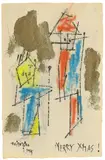 MERRY XMAS! by Lyonel Feininger, 1955, Aquarell, Goldfarbe und Tuschfeder auf Bütten, sold Nov 2018
