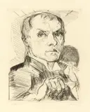 Max Beckmann, Selbstbildnis mit Griffel“. 1916?, Kaltnadel auf Bütten