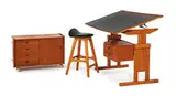 Erik Buck, Stool as well as Danish Modern adjustable drafting table and file cabinet, c. 1960s, Teak