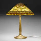Greek Key table lamp by Tiffany Studios, c. 1910, leaded glass, patinated bronze, offered Oct 2022