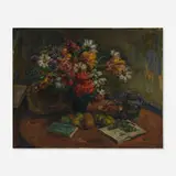 Louis Ritman, Still Life of Flowers, Fruits and Books, oil on panel