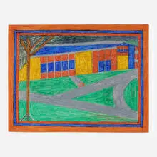 Eddie Arning, Orange Building, cray-pas and crayon on paper