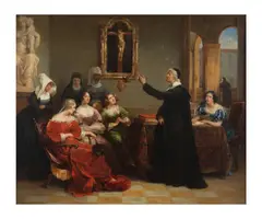 Hortense Haudebourt-Lescot, Le cours de théologie à trois dames de qualité, oil on canvas, unlined