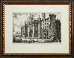 Giovanni Battista Piranesi, Three Framed Etchings: Veduta della Facciata della Basilica di S. Croce in Gerusalemme, Veduta del Castello dell'Acqua Paola sul Monte Aureo, and Veduta della Facciata di dietro della Basilica di S Maria Maggiore, all titled and signed in the plates (later impressions)