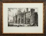 Three Framed Etchings: Veduta della Facciata della Basilica di S. Croce in Gerusalemme, Veduta del Castello dell'Acqua Paola sul Monte Aureo, and Veduta della Facciata di dietro della Basilica di S Maria Maggiore by Giovanni Battista Piranesi, all titled and signed in the plates (later impressions), sold Dec 2022