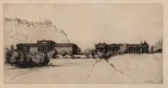 Sir David Young Cameron, View of the Royal Scottish Academy, etching and drypoint on paper
