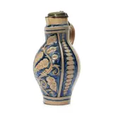 German Stoneware Tankard, 18th century,, grey ground with incised leaves to a blue painted ground, hinged pewter lid, rim ht
