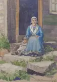 Sydney Richmond Burleigh, Mother and Child on Stone Steps