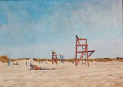 Hazard Durfee, Sachuest/A Beach View. Signed l.l., identified on accompanying label.  Oil on canvas, 24 1/4 x 34 1/4 in., framed.