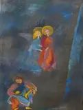 American School, Angels on Blue Ground, Monogramed 'TB' and signed indistinctly lower left. Pastel on paper/board