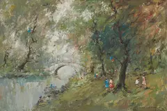 Franz A. Martinek, Park Scene with Bridge and Strolling Figures, oil on canvas