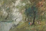 Franz A. Martinek, Park Scene with Bridge and Strolling Figures, oil on canvas