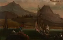 Robert Salmon, Coastal View with Approaching Vessel and Fisherman Tending Nets, unsigned oil on canvas