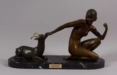 Lucien, Draped Nude Patting a Gazelle, on a marble base