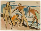 Max Pechstein, Badende Männer, 1919, Aquarell über Bleistift auf Papier. Rückseitig (um 180° gedreht): „Zwei stehende Akte“