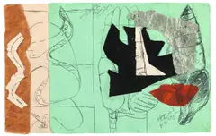 Le Corbusier, La danseuse dionysiaque, la main, la coquille, 1952, Collage mit Transparentpapier, bemaltem Papier und Aluminiumfolie, Kugelschreiber und Bleistift auf Papier