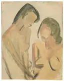 Otto Mueller, Zwei Mädchenhalbakte, Um 1920, Aquarell und blaue Kreide auf genarbtem Bütten