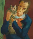 Max Kaus, Frau mit Katze, 1916, Öltempera auf Leinwand, vom Künstler später auf Novopan montiert
