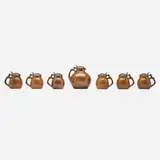 Richard Riemerschmid, Seven-piece drink set, c. 1903, glazed stoneware, pewter