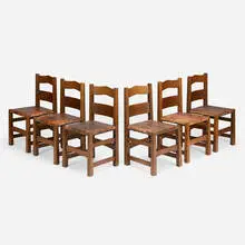 Rare and Early dining chairs model 2600, set of six by Gustav Stickley, c. 1900, oak, leather, offered Dec 2025