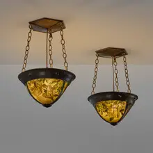 Lillian Palmer, Hanging fixtures with roses, pair, c. 1904-15, patinated brass, hand-painted brass mesh, brass-plated steel