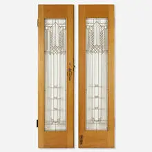 Frank Lloyd Wright, Doors from Northome, the second Francis W. Little House, Wayzata, Minnesota, pair, 1912-14, opaque and clear glass, copper-plated zinc came, oak, brass