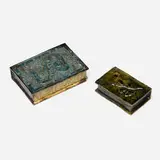 George E. Ohr, Album flask and novelty book inkwell, glazed earthenware
