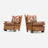 Ron Shanor, Western club lounge chairs, pair, 1996, Douglas fir, burl, leather, wool