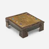 Art Nouveau jeweled letter box by Alfred-Louis-Achille Daguet, c. 1910, handwrought, patinated and enameled brass and iron, glass cabochons, offered Dec 2023