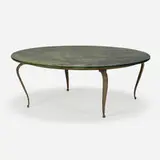 attribution René Prou, Coffee table, c. 1940, gilt and patinated wrought iron, silvered glass