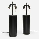 Jacques Adnet, Table lamps, pair, c. 1950, leather, patinated metal