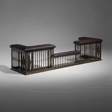 20th Century, Fireplace club fender, wrought iron, leather
