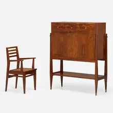 Secretary and chair by Raphael, c. 1955, rosewood, cane, maple, leather, brass-plated metal, offered Jun 2023