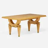 attribution André Arbus, Dining table, curly maple, mahogany inlay, brass