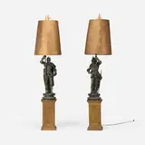 Renaissance Style, Knights in Armor floor lamps, pair, c. 1940, patinated white metal, walnut, paper shade