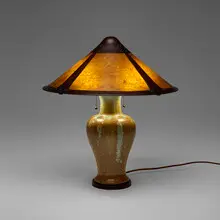 Flint Faience Tile Company, Lamp base with contemporary shade, c. 1920, crystalline-glazed ceramic, patinated copper, mica
