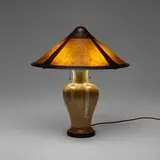 Flint Faience Tile Company, Lamp base with contemporary shade, c. 1920, crystalline-glazed ceramic, patinated copper, mica