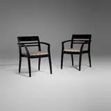 Brayton International, Guest armchairs, pair, c. 1980, ebonized maple, upholstery