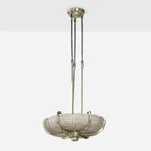 Genet & Michon, Chandelier, c. 1925, nickel-plated brass, molded and frosted glass