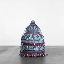 Jim Drain, Fat Boy, 2005, yarn, painted wooden beads and plastic beads on plywood