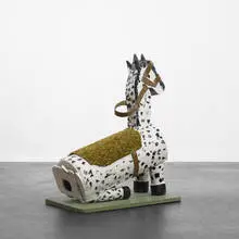 Rat Trap by Andreas Slominski, 2003, painted wood assemblage with rat trap, nails, leather and wool, sold Sep 2010