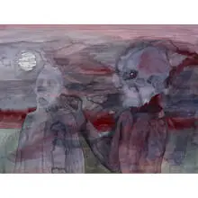 Chris Vasell, untitled (Two leather clad skulls walking), 2003, watercolor on paper