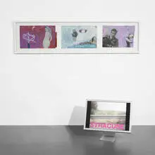 Franz West, Siracusa, 1995, magazine print, collage and oil on board in artist frame with VHS cassette tape