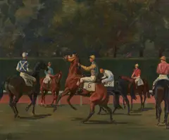 Jean Bowman, Horses and Jockeys by a Track