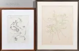 Frederick M. Faillace, Two Framed Drawings:, Geometric ink on paper, Floral pastel on paper
