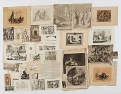 Miscellaneous, A large folder containing an assortment of over 100 Old Master, 19th and 20th century prints, including works by or after Daumier, Claude Mellan, Poussin, Rembrandt, and Leonard Baskin, Baskin print matted, all others unmatted